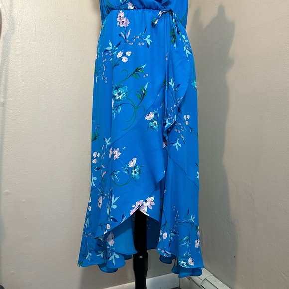 Socialite Women’s Ruffled Faux Wrap High/Low Midi Dress Royal Blue Floral Size L - Picture 10 of 12